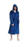 FashGudim Mens Hooded Robe Plush Shawl Collar Kimono Bathrobe Soft Warm Flannel Fleece Spa Robes House Coat Pajamas Calf Length with Pockets (Navy,XXL)