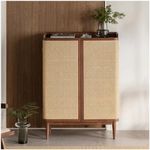 Pooja Art Enterprises Solid Wooden Rattan Shoe Rack Cabinet Storage with 2 Door & Shelf Storage for Entryway, Living Room, Balcony & Home, Brown Finish, (84 L x 35.5 W x 117 H CM)