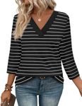 WIHOLL 3/4 Sleeve Tops for Women Dressy Casual White and Black Striped Long Sleeve Shirts for Women V Neck M