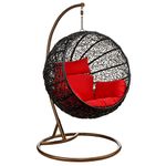 Carry Bird Big Boss Wicker Rattan Wrought Iron Single Seater Swing Chair With Stand For Adults | Garden & Outdoor Hammock Swing With Cushions For Kids | Teardrop Swing Hanging Chair with Curve Iron Stand | Jhula | Round Shape | Balcony/Patio/Indoor/Backyard/Porch/Yard/Outdoor Furniture | Black Swing-Red Cushion