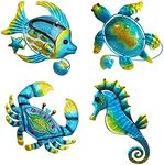 Beach Metal Wall Art Decor,Metal Ocean Sea Turtle Wall Decor for Bathroom Living Room Children Room,Tropical Sea Turtle Seahorse Crab Fish Wall Decor Outdoor Wall Sculptures For Patio Pool,4pcs(blue)