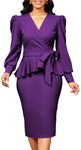 Elegant Dresses for Women Sexy Church Long Ruffles Sleeve Business Pencil Vintage Peplum Dress Wear to Work, Peplum/Purplerose, Small