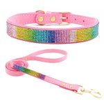 haoyueer Cute Dazzling Sparkling Elegant Fancy Soft Suede Leather Bling Rhinestone Crystal Jeweled Pet Cat Dog Puppy Collar Dog Leash Combo Set (XXS, Pink-2)