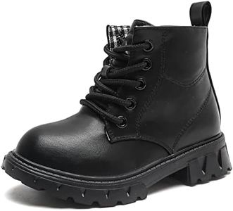 DADAWEN Boys Girls Glitter Ankle Boots Kids Lace Up Waterproof Combat Shoes With Side Zipper for Toddler/Little Kid/Big Kid Black/Leather US Size 2 M Little Kid