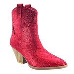 ABSOLEX Women Western Cowgirl Cowboy Pointed Toe Rhinestone Ankle Booties, Red, 4.5 UK