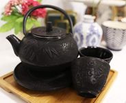 Japanese Evergreen Bamboo Forest Black Traditional Heavy Cast Iron Tea Pot Set With Trivet and Cups Set Serves 2 Beautifully Packaged in Teapot Gift Box Home Decor Asian Living Gift And Housewarming