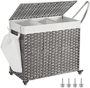 SONGMICS Laundry Hamper with Lid, 42.3 Gallons (160 L), Rolling Laundry Basket with Wheels, 3-Section Synthetic Rattan, Removable Liner, Bedroom, 27.6 x 14.2 x 26 Inches, Gray ULCB365G01