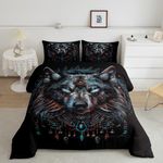 Wolf Comforter Set King Size Bohemian Exotic Wolf Print Bedding Sets for Kids Teen Adult Man Bedroom Decor, Ethnic Boho Western Wild Animal Pattern Duvet Insert with 2 Pillowcases Black, Watercolor