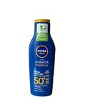 NIVEA SUN Protect & Moisture Sun Lotion SPF 50+ (200 ml), Suncream with Vitamin C and Hyaluron, Provides 48H Moisture and Immediate UVA/UVB Protection, Fast-Absorbing, No White Cast Formula