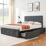 IDEALHOUSE Queen Bed Frame with 4 Storage Drawers,Grey Queen Size Upholstered Platform Bed Frame with Headboard and Wooden Slats Support No Box Spring Needed