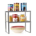 Cupboard Shelf Organiser,Kitchen Cupboard Cabinet Organizer, Stackable Expandable Insert Shelves, Counter Shelf Spice Can Rack for Bathroom, Kitchen, Laundry Room Sliver 2-Pack