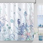 Bonhause Nautical Coastal Shower Curtain Coral Seahorse Beach Ocean Blue Bathroom Curtain 180 x 180 cm Waterproof Mildew & Mould Resistant Polyester Fabric Bath Curtain with 12 Hooks