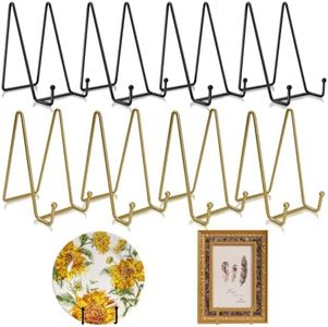 8 Packs Display Stand, FHDUSRYO 6 inch Metal Plate Stands for Display, Iron Easel Plate Holder Stands, Tabletop Picture Frame Stand for Decorative Plate Dish, Art, Photo, Book (Black, Gold)