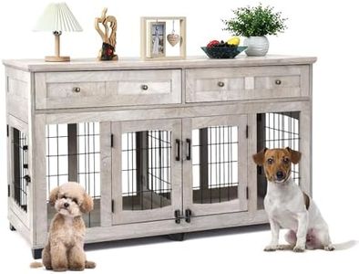 Dog Crate Furniture with 5 Doors, 58" Wooden Dog Kennel End Table with Large Capacity Drawers, Dog House with Openable Divider for Small/Medium/Large Dog,Dog Cage,Side End Table (Rustic Grey)