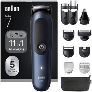 Braun All-in-One Trimmer-Set 7, 11-in-1 Multigroom, Barttrimmer, Nasenhaartrimmer, Haarschneidemaschine für Gesicht, Kopf und Körper, 120 Min Akku, 14 Längen (3–21 mm), Wasserdicht, AIO7540, Blau