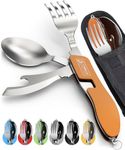 Orblue 4-in-1 Camping Utensils, 2-Pack, Portable Stainless Steel Spoon, Fork, Knife & Bottle Opener Combo Set - Travel, Backpacking Cutlery Multitool Orange