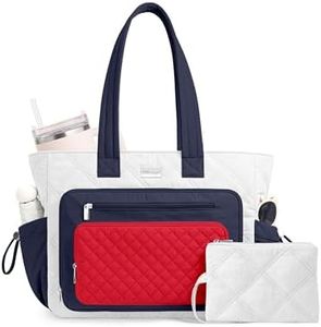TOPDesign 17.3 Inch Puffer Laptop Bag for Women, Quilted Teacher Tote Nurse Work Briefcase, Water-Resistant Computer Handbag with Interior 40oz Cup Holder (White/Navy Blue/Red)