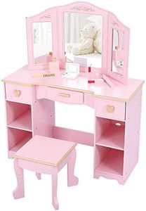 Joyspirit Kids Vanity with Mirror and Stool, Girls Vanity with Wood Makeup Playset, Princess Vanity Table for Toddlers, Pink