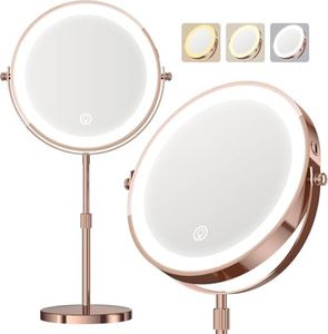 Makeup Mirror with Lights, 1x/20x 360° Rotation Vanity Mirror, Brightness Adjustable Lighted Makeup Mirror with Magnification, 5000 mAh Rechargeable Double Sided Mirror with 3 Colors, Gift for Women