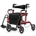 Goplus 2 in 1 Rollator Walker for Seniors, Medical Walker with Seat, Folding Transport Wheelchair Rollator with 8" Wheels, Reversible Backrest, Footrests, Aluminum Mobility Walking Aid