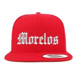 Trendy Apparel Shop Old English Morelos White Embroidered Flatbill Snapback Baseball Cap, Red, One Size