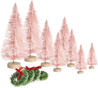 Jlong 8PCS Artificial Mini Christmas Trees, Bottle Brush Trees with Wood Base, Artificial Frosted Sisal Xmas Tree, DIY Crafts Mini Pine Tree for Christmas Party Home Table Top Decor Winter Ornaments