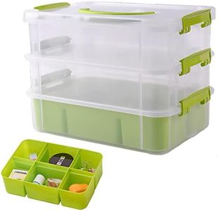 FOREVERIE Stackable Clear 3 Tier Arts & Crafts Supplies Plastic Storage Containers Large with a Six-grid Tray, Portable Layered Embroidery & Sewing Box Organiser, Home Plastic Storage Box (Clear & Green)