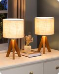 EDISHINE Small Table Lamp, Wooden Tripod Bedside Lamp with Linen Fabric Lampshade, 14.2" Nightstand Lamp for Bedroom, Living Room, Office, 2 Pack