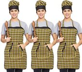 Whitewrap Check Cotton Fabric Cross Dual Pocket Aprons For Women Kitchen Waterproof With Matching Chef Cap, Chef Cooking Kitchen Aprons with Pockets for Men And Women (FREE, YELLOW, 3)