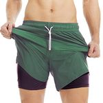 MaaMgic Mens Swim Trunks with Compression Liner 2 in 1 Swimming Shorts Stretch 7" Swimwear Quick Dry Bathing Suits,Army Green,Large