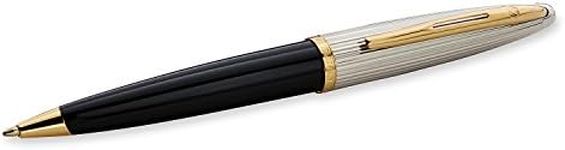 Waterman Carène Deluxe Ballpoint Pen | Gloss Black & Silver Plated with 23k Gold Clip | Medium Point with Blue Ink Cartridge | Gift Box
