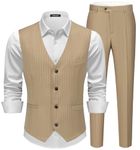 MAGE MALE Men's Pinstripe Suit 2 Piece Vest and Pants Set Wedding Groomsmen Summer Slim Fit Formal Prom Tuxedo, Khaki, Medium