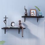 Klaxon Eric Wood and Metal Floating Wall Shelves | Home Decorative Shelf | Wall Shelves for Living Room, Bedroom, Study Room, Balcony Garden-Black, Pack of 2 (16x6 in)