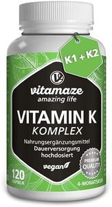 Vitamina K Complex 2200 mcg con Vitamina K2 MK7 + Vitamina K1 MK4 de Alta Dosis y Vegana, 120 Cápsulas, Mejor Biodisponibilidad, sin Aditivos, Calidad Alemana. Vitamaze®