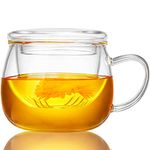 WHJY Glass Tea Cup with Infuser and Lid, 12 ounce Glass Tea Cups with Strainer, Loose Leaf Tea Cup Mug for One, Lead-free Borosilicate Glass Teacups, Heat Resistance, Microwave & Dishwasher Safe