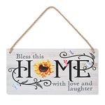 CHDITB New Home Gifts Sunflower Rustic Wooden New Home Plaque Sign Bless This Home With Love And Laughter Inspirational Saying Wooden Door Decor(11"x 6") House Warming Gifts New Home Housewarming Gift