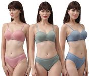 DFEET Women’s Cotton Blend Lightly Padded Half Cup Wire-Free Bra & Hipster Panty Lingerie Set – Self-Design, Seamless, Regular Wear, Adjustable Straps, and Detachable, Size 34B|Pack of 3|Multicolor