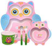 Toyshine 5 Piece Bamboo Dinnerware for Kids, Toddler, Plate and Bowl Set, Eco Friendly and Dishwasher Safe, Great Gift for Birthday, Baby Shower- OWL Design