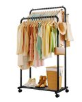 Sakugi Clothing Rack - Double-Rod Coat Rack with Hooks & 4 Universal Wheels, Movable Metal Clothes Rack with Mesh Shelf for Clothes Storage, 73 x 42 x 150 cm, Black