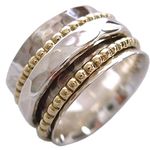 Energy Stone Clarity Sterling Silver Meditation Spinner Ring with Brass and Silver Spinners on Hammered Pattern Base Ring (SKU SR01) (7.5)