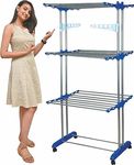 Mega stand Clothes Drying Rack Folding Stainless Steel Laundry Garment Dryer Stand with Two Side Wings-(Blue) Portable 3-Layer Cloth Wheels and Foldable Wings