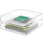 Tomorotec Desk Letter Tray Set, A4 Size Clear PET Stackable Document Organizer Office Desktop File Paper Holder Book Storage Rack Side Load Anti-Skid Stacking Support Convex Bottom (2X Portrait)