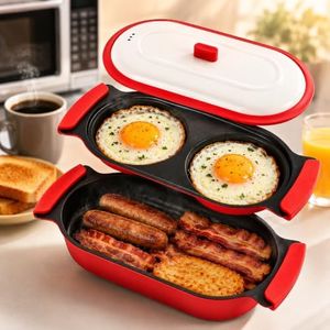 2-in-1 Microwave Egg Cooker & Grill Pan Set, Nonstick Microwave Poacher and Crisper Pan with Lid, Quick Breakfast Maker for Eggs, Bacon, Fish, Sandwiches, Veggies, Dorm, RV, Office Kitchen