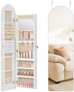SONGMICS Wide Jewelry Organizer, LED Jewelry Cabinet Wall/Door Mounted, Arched Mirror with Storage, Lockable, Rounded Corner, Interior Mirror, 3.9 x 16.5 x 55.1 Inches, Cloud White UJJC040WB01