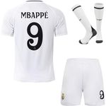 Soft Gardin 2024/2025 R. Madrid Mbappe #9 Home Football Soccer Jersey/Shorts Socks Gift Set Youth Sizes (White, 28)