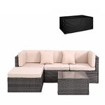 Panana Rattan Garden Furniture Set Sectional Modular Combination 4 Seater Patio Sofa Chair Table with Furniture Cover for Outdoor Backyard Poolside Mixed Grey Wicker with Beige Cushions