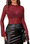 Avidlove Women Mesh Tops Rhinestone Tops Long Bell Sleeve Blouses Glitter Shirts Sexy Clubwear Outfits Wine Red L