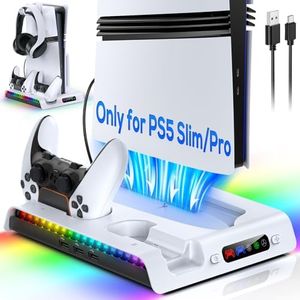 FASTSNAIL Charging Stand with Cooling Fan for PS5 Pro/Slim Console, Vertical Controller Charger Station with 9 RGB Lights & Headset Hook & 3-Level Silent Fan, Cooler Accessories for PS5 Pro/Slim