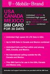 T-Mobile brand USA, Canada, Mexico Prepaid Travel SIM Card Unlimited Call/Text and Unlimited High speed 4G LTE Data in USA and up to 5GB Data in Canada and Mexico combined for 30 days