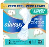 Always Pure Cotton FlexFoam Pads for Women, Size 3, Extra Heavy Pad with Wings, Unscented, Made with an Organic Cotton Top Layer, 22 Count